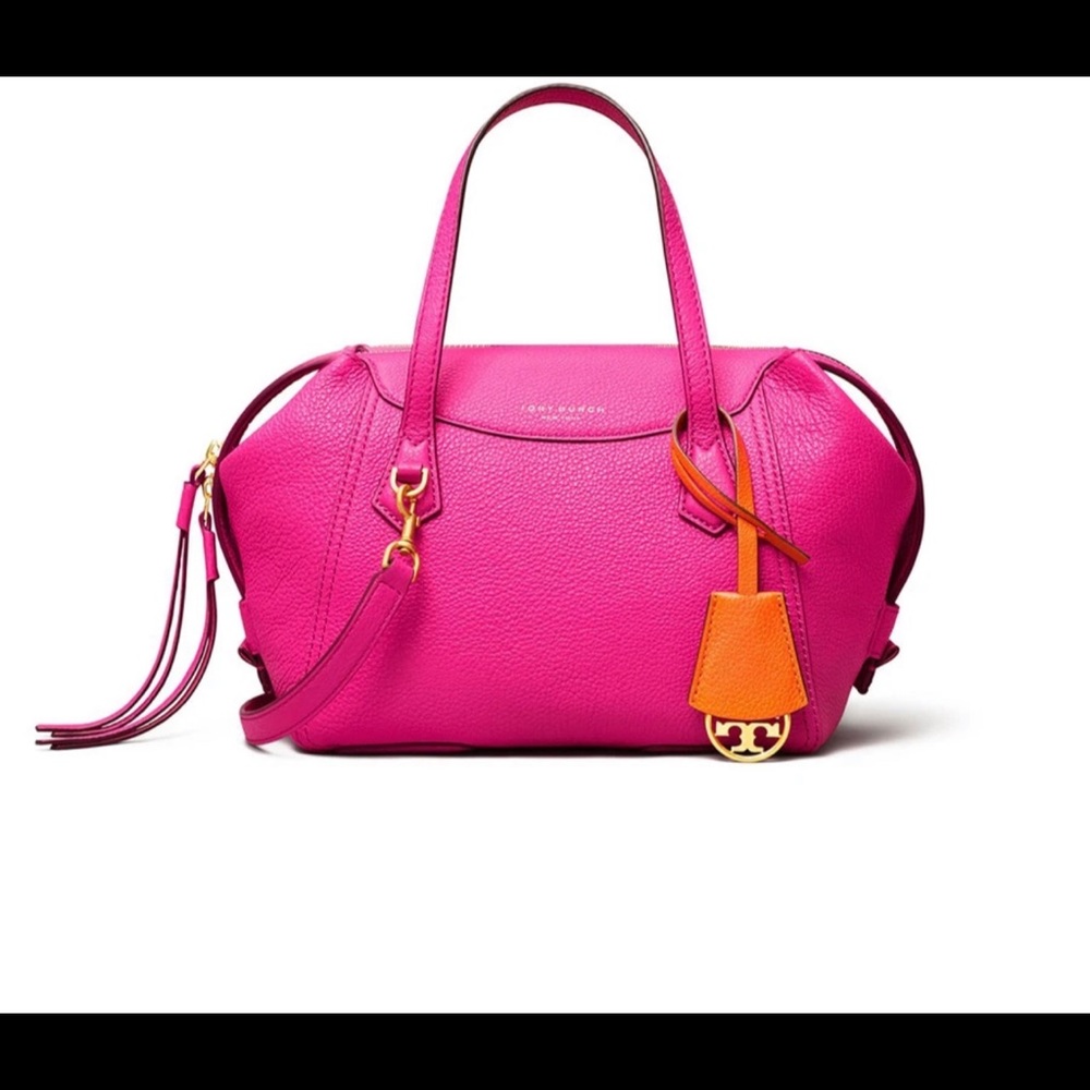 Tory Burch Hot Pink Leather Satchel with Orange Tag
